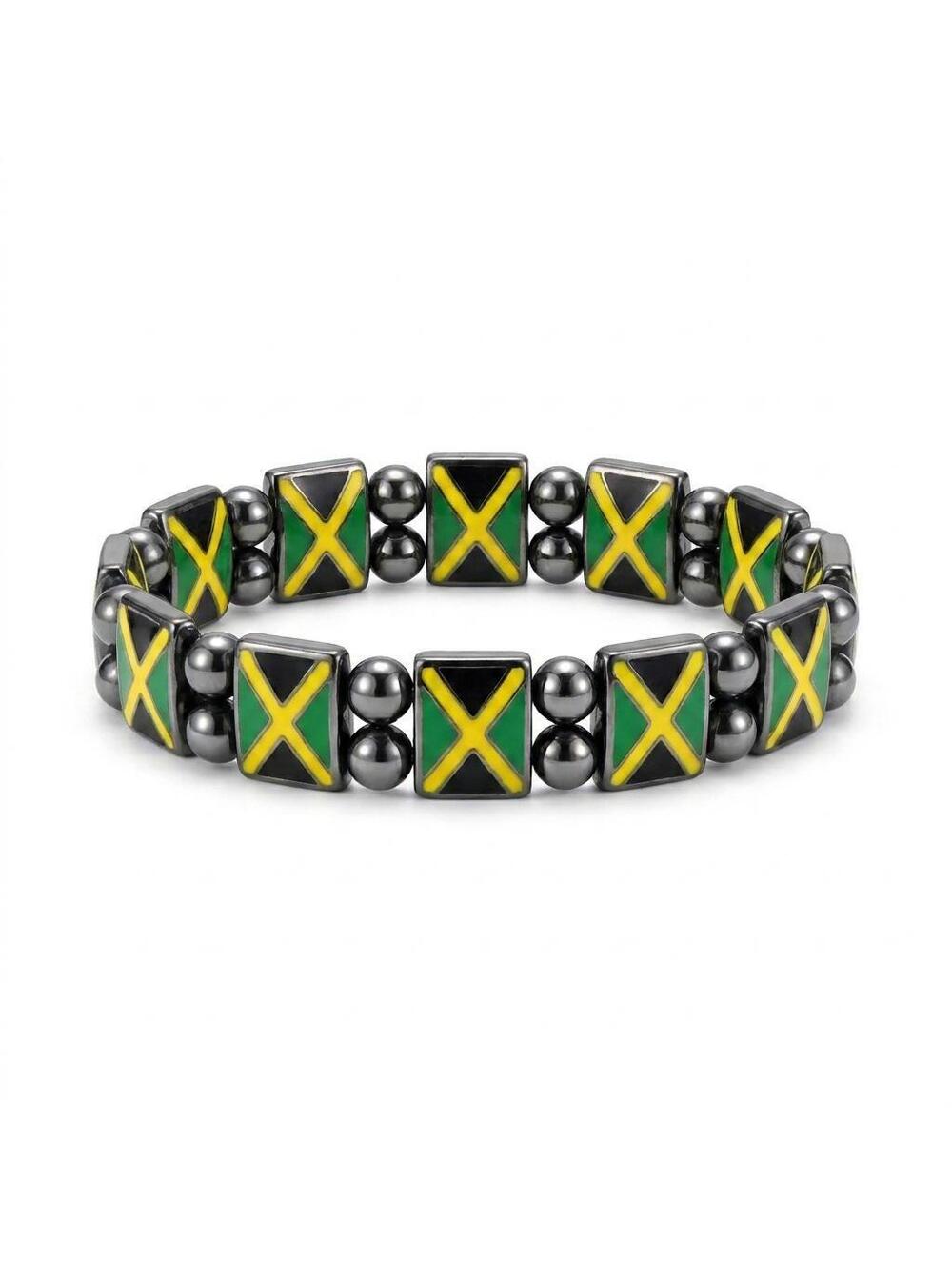 Jamaica Flag Magnetic Hematite Stretch Bracelet Jamaican Pride Reggae Rasta